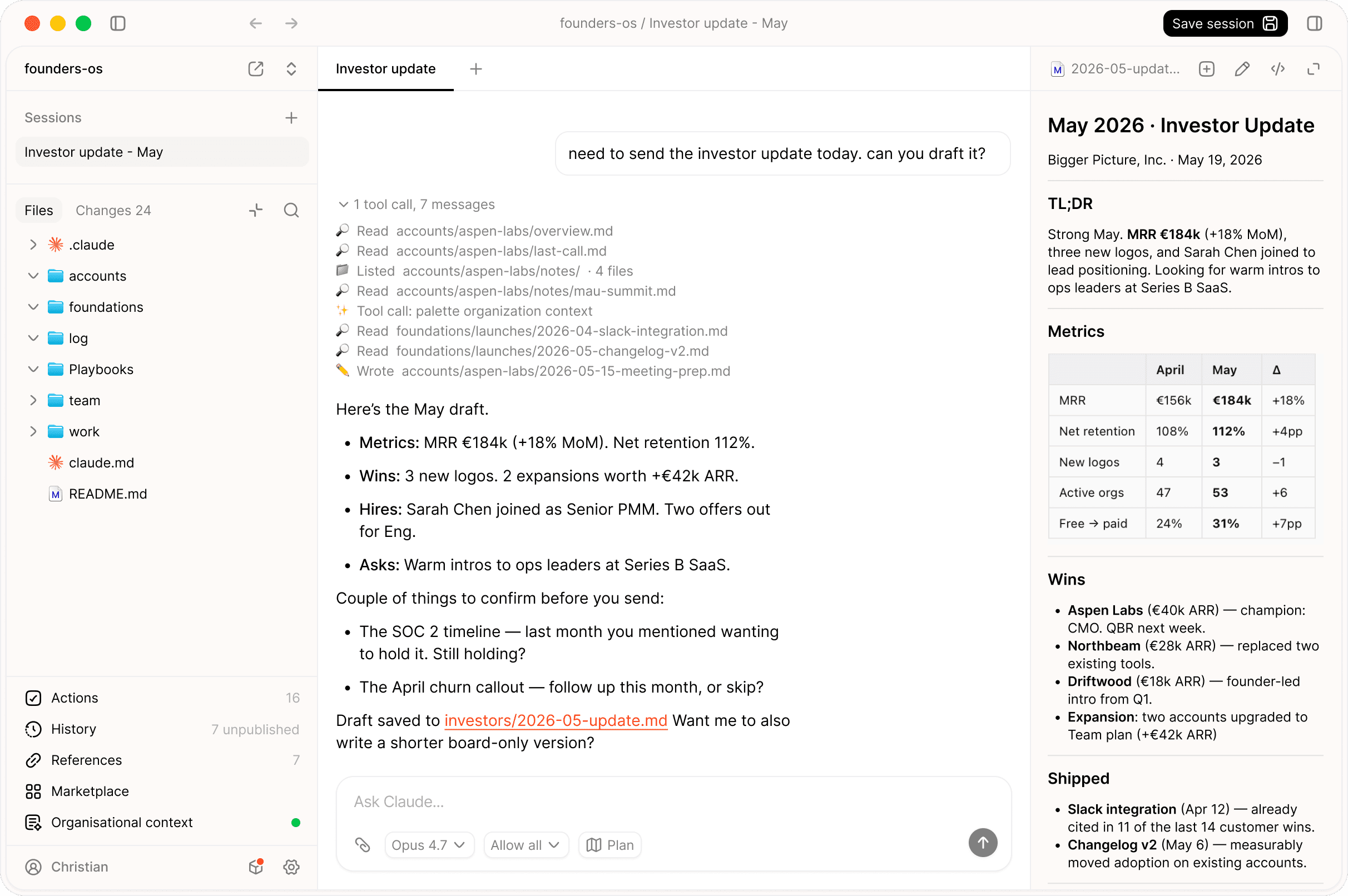 Palette Desktop drafting a monthly investor update with metrics, wins, and asks.