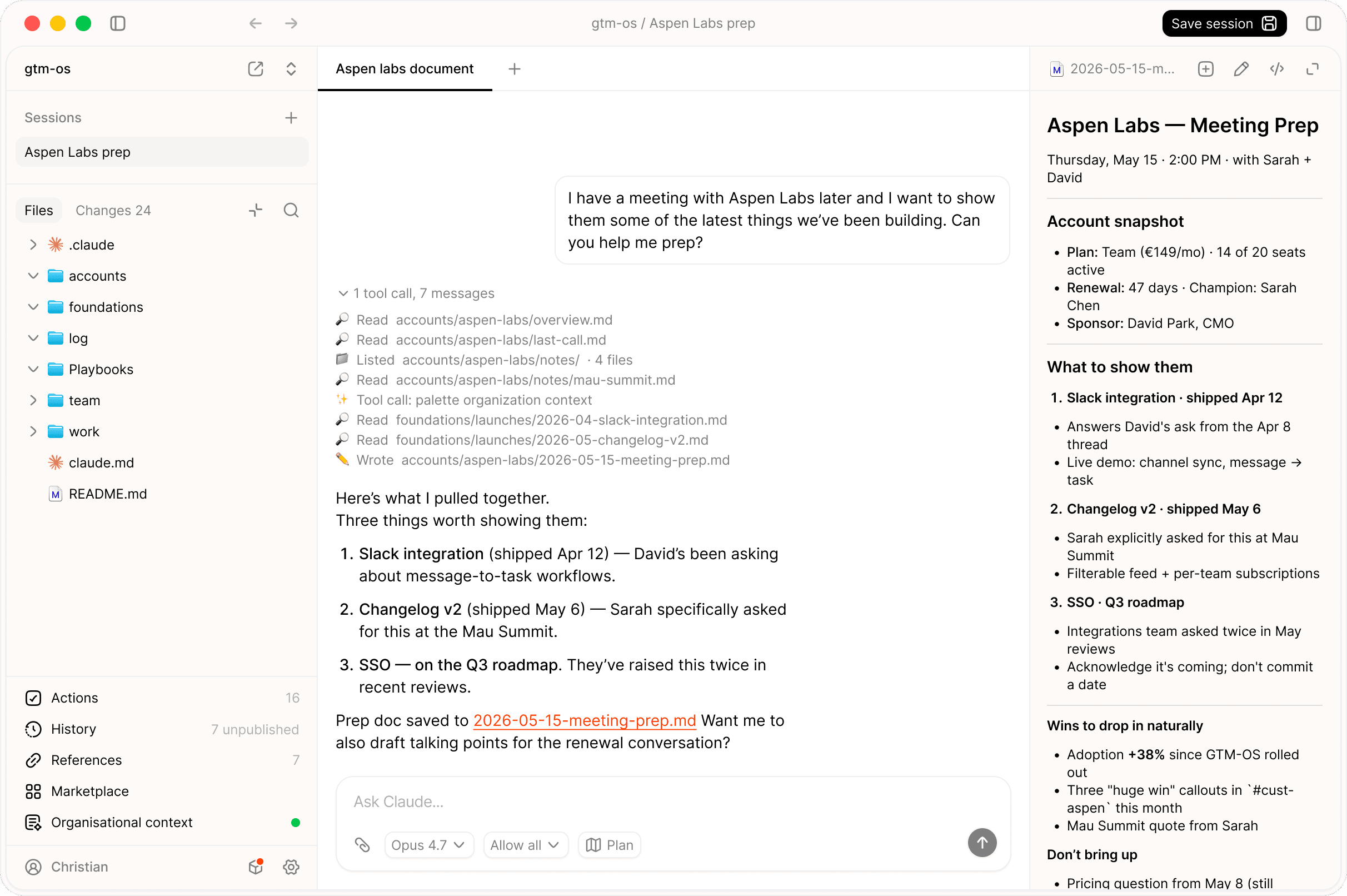 Palette Desktop preparing an account meeting brief for GTM teams.