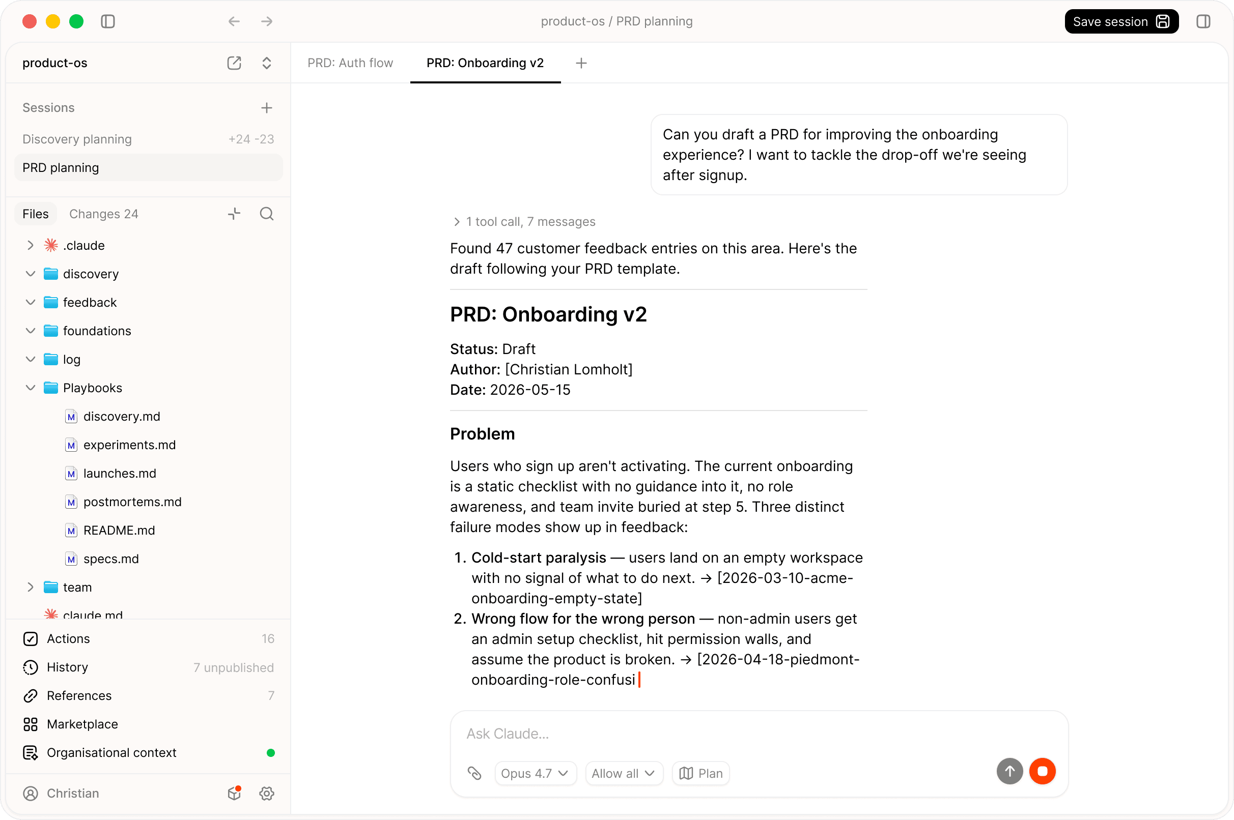 Palette Desktop drafting a PRD from customer feedback for product teams.