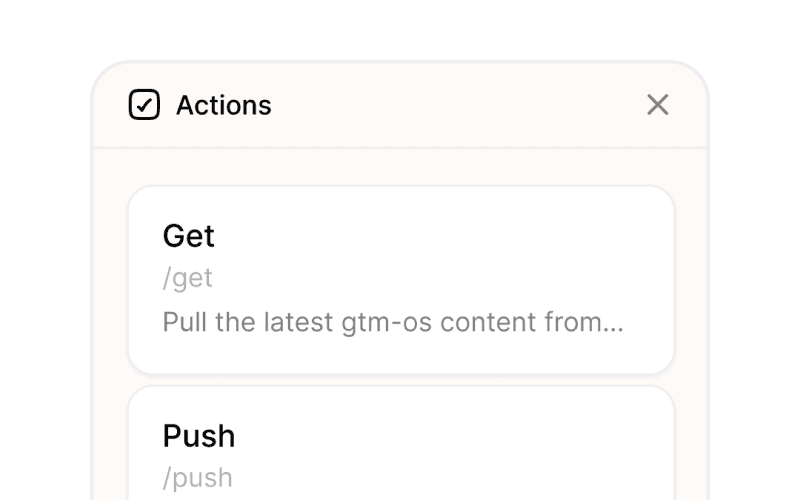 Palette Desktop Actions panel showing Get and Push commands with /get and /push slash triggers.