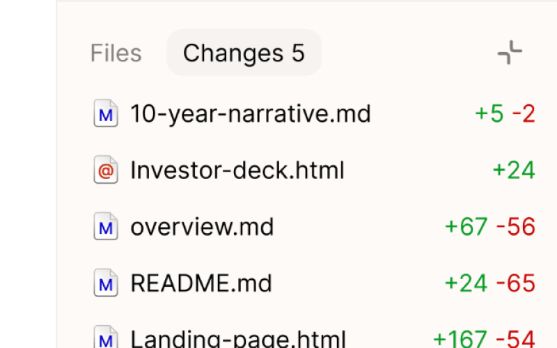Palette Desktop Changes tab listing modified files with per-file diff stats.