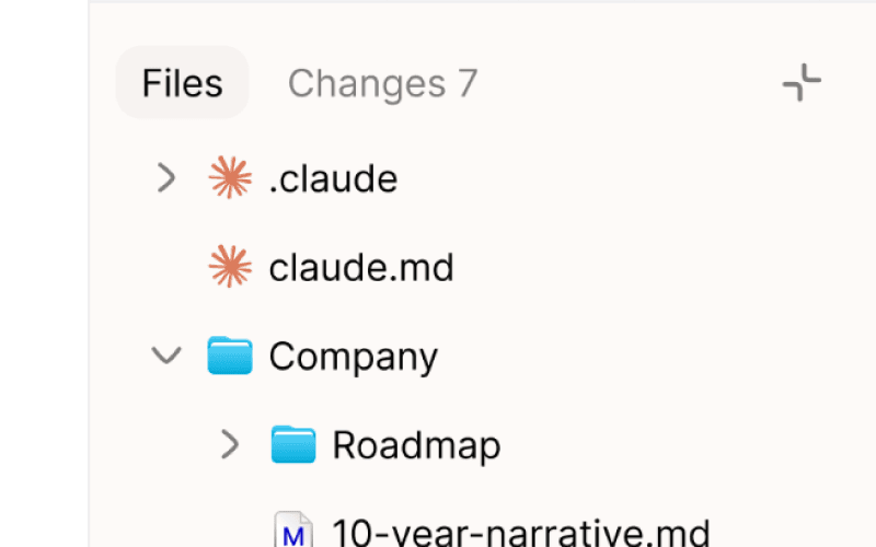 Palette Desktop sidebar with Files / Changes tabs and a tree of .claude, claude.md, Company, and Roadmap.