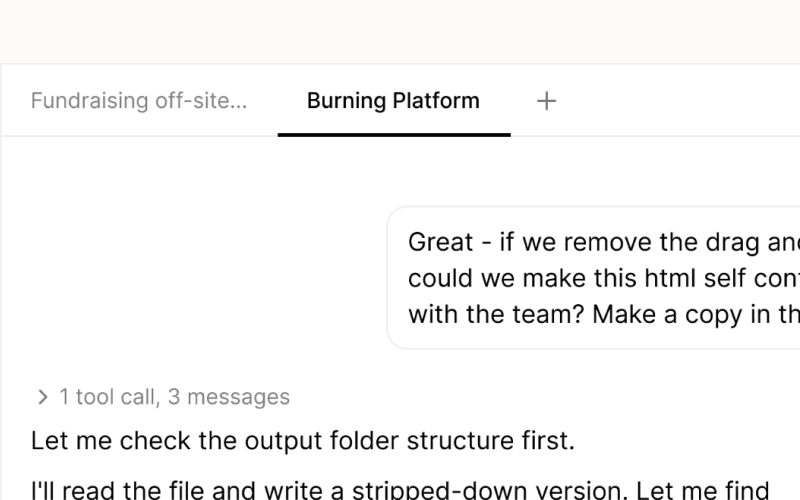 Palette Desktop with two chat tabs open in parallel: Fundraising off-site and Burning Platform.