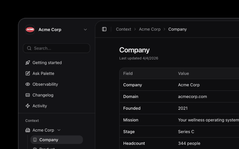 Palette Atlas showing the Acme Corp company entity with structured fields like domain, founded, mission, stage, and headcount.