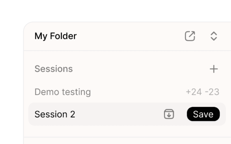 Palette Desktop Sessions panel showing Demo testing and Session 2 sandboxes with a Save button.