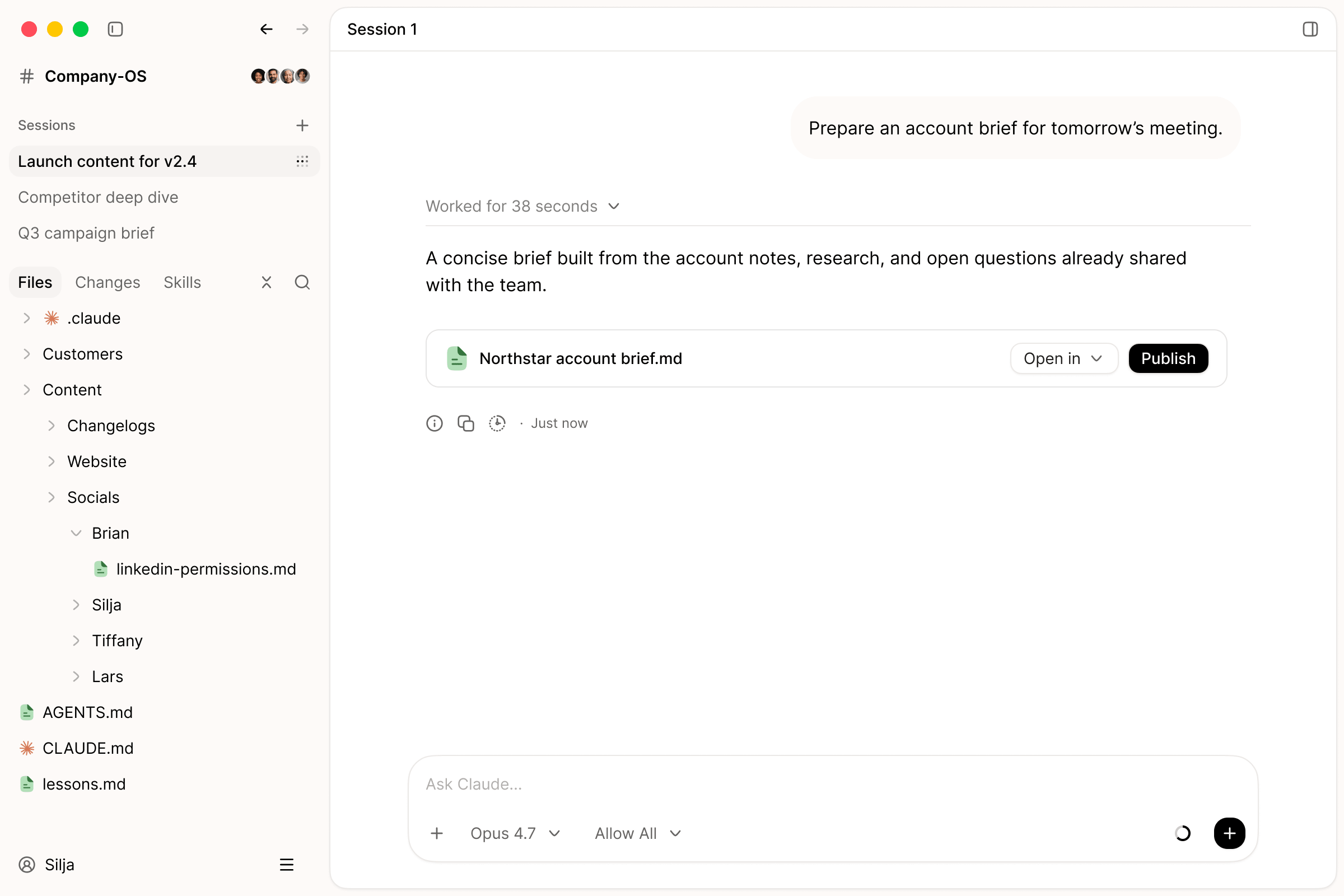 Palette Desktop with a shared Company-OS workspace: an agent has prepared an account brief from the notes, research, and open questions the team already shares, ready to open or publish.