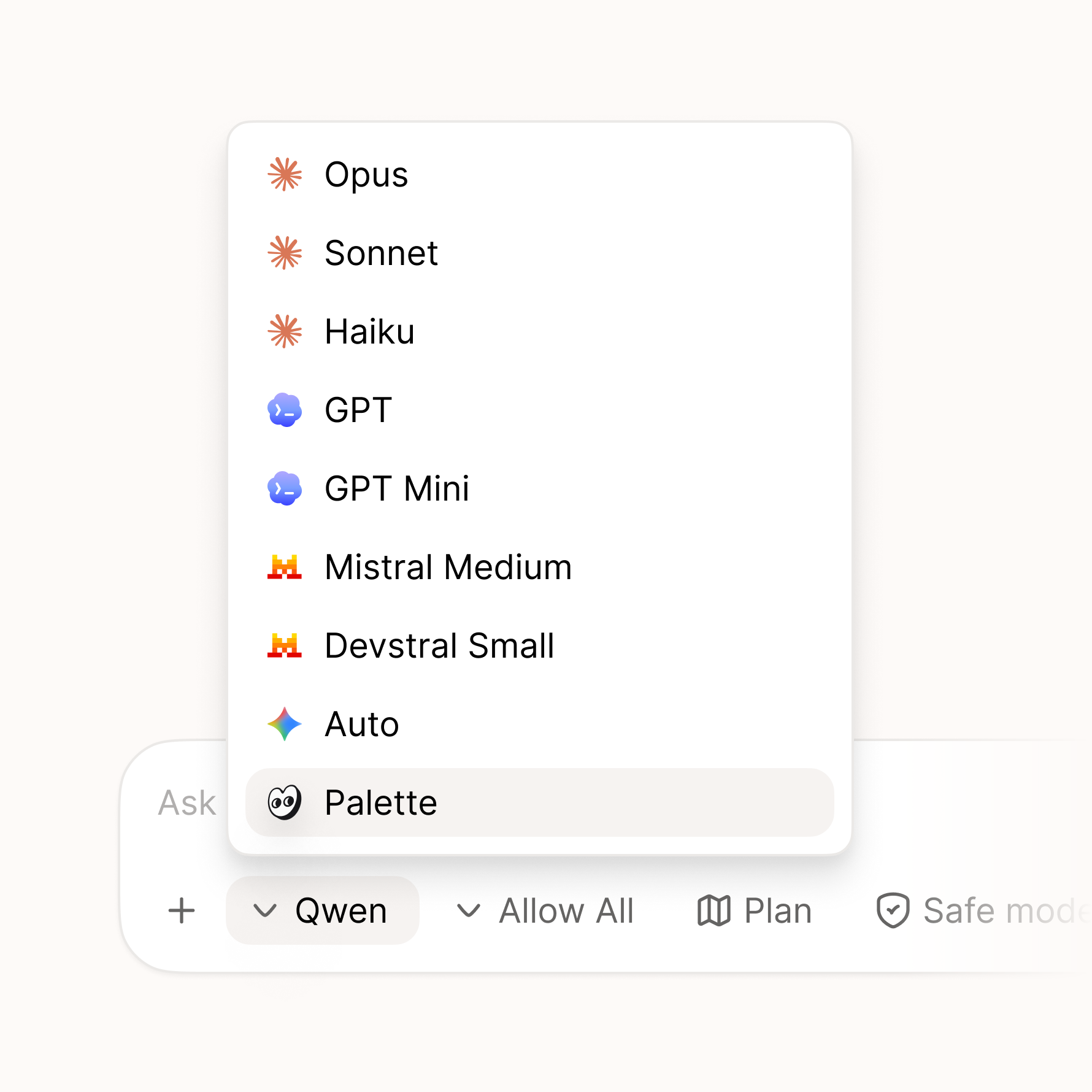 Palette's agent picker with the built-in Palette agent selected, running the on-device Qwen model, alongside Claude, GPT, and Mistral