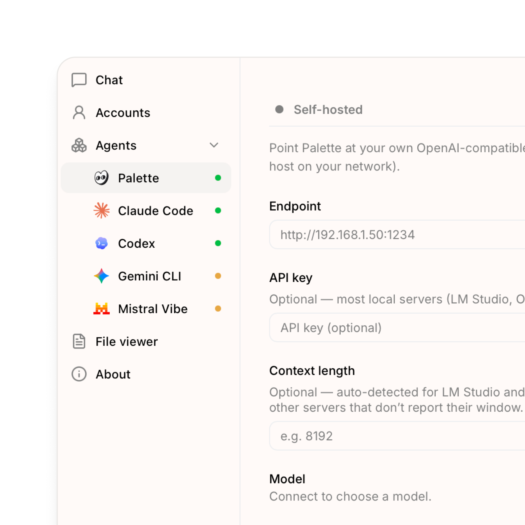 Palette Desktop Settings → Agents: the agent list — Palette, Claude Code, Codex, Gemini CLI, Mistral Vibe — each with a readiness dot, next to the Self-hosted setup form with endpoint, API key, context length, and model fields