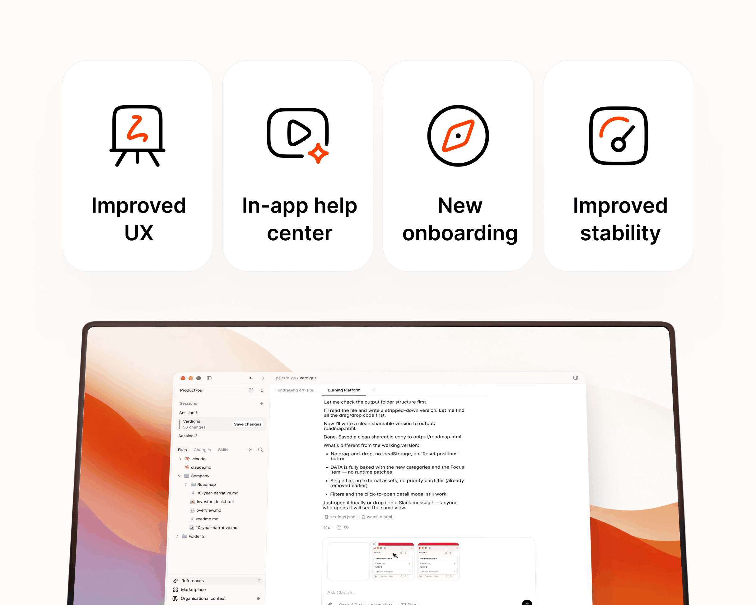 Palette Desktop v0.21 highlights above the redesigned workspace