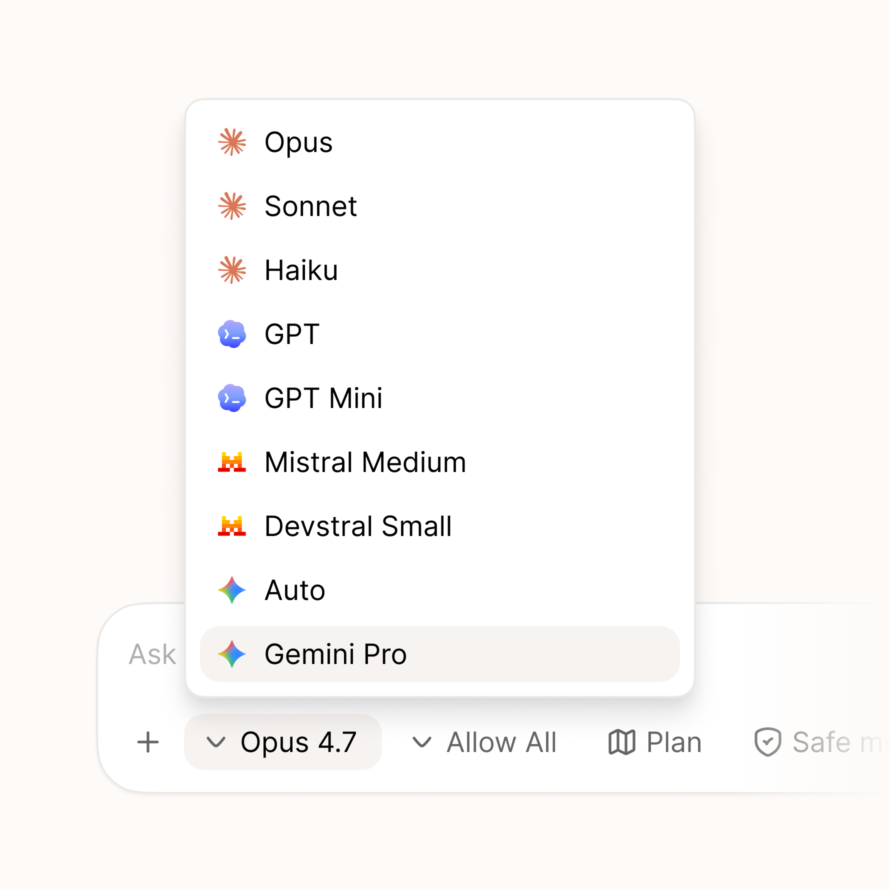 Palette's provider picker showing Gemini Pro selected, alongside Claude, GPT, Mistral, and Auto