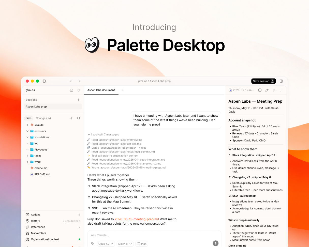 Palette Desktop running on a shared folder with chats, approve-changes, and the Palette context layer